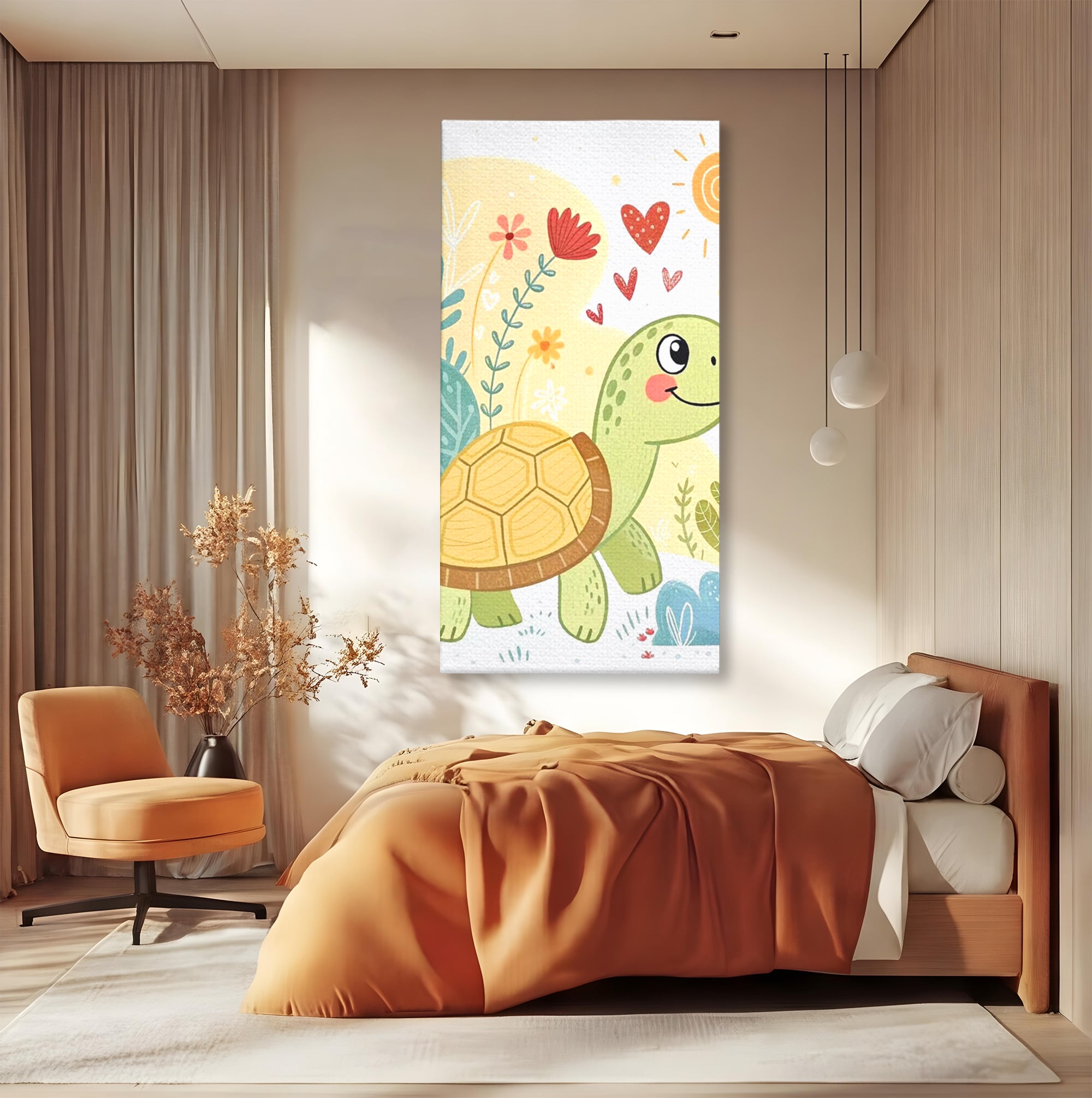 Tablou canvas cu ilustratie cu testoasa vesela printre flori, fara rama, pe sasiu de lemn, pe perete intr-un dormitor